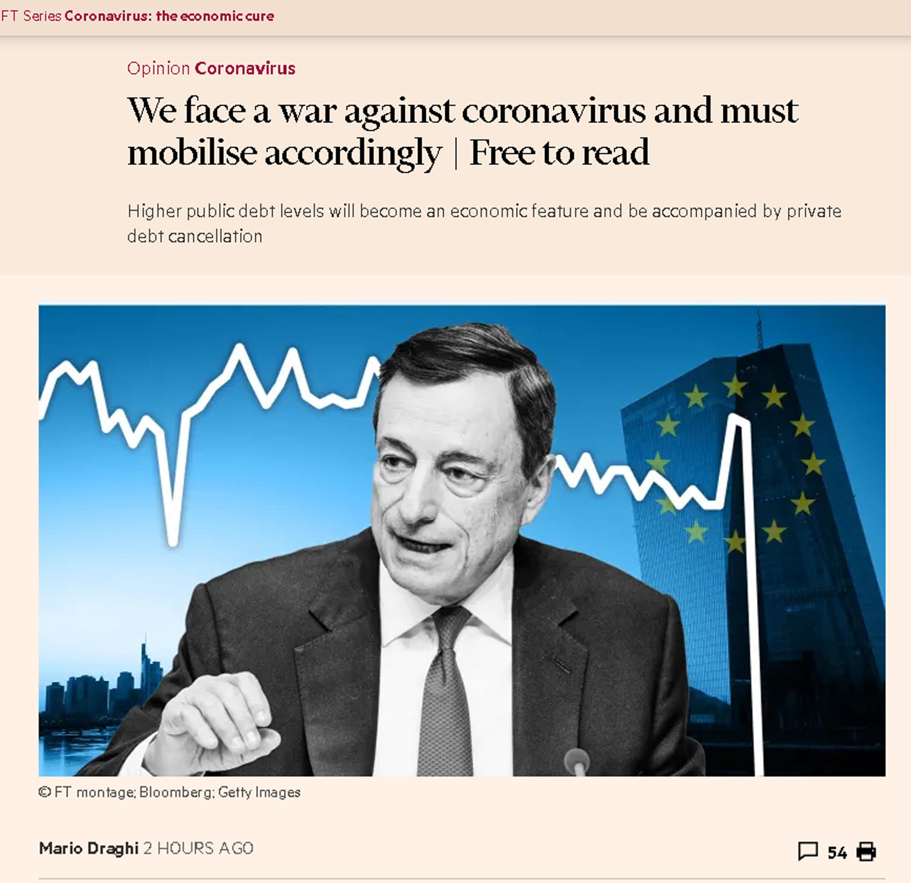 Mario Draghi: Il coronavirus ci pone di fronte a una guerra e dobbiamo mobilitarci di conseguenza